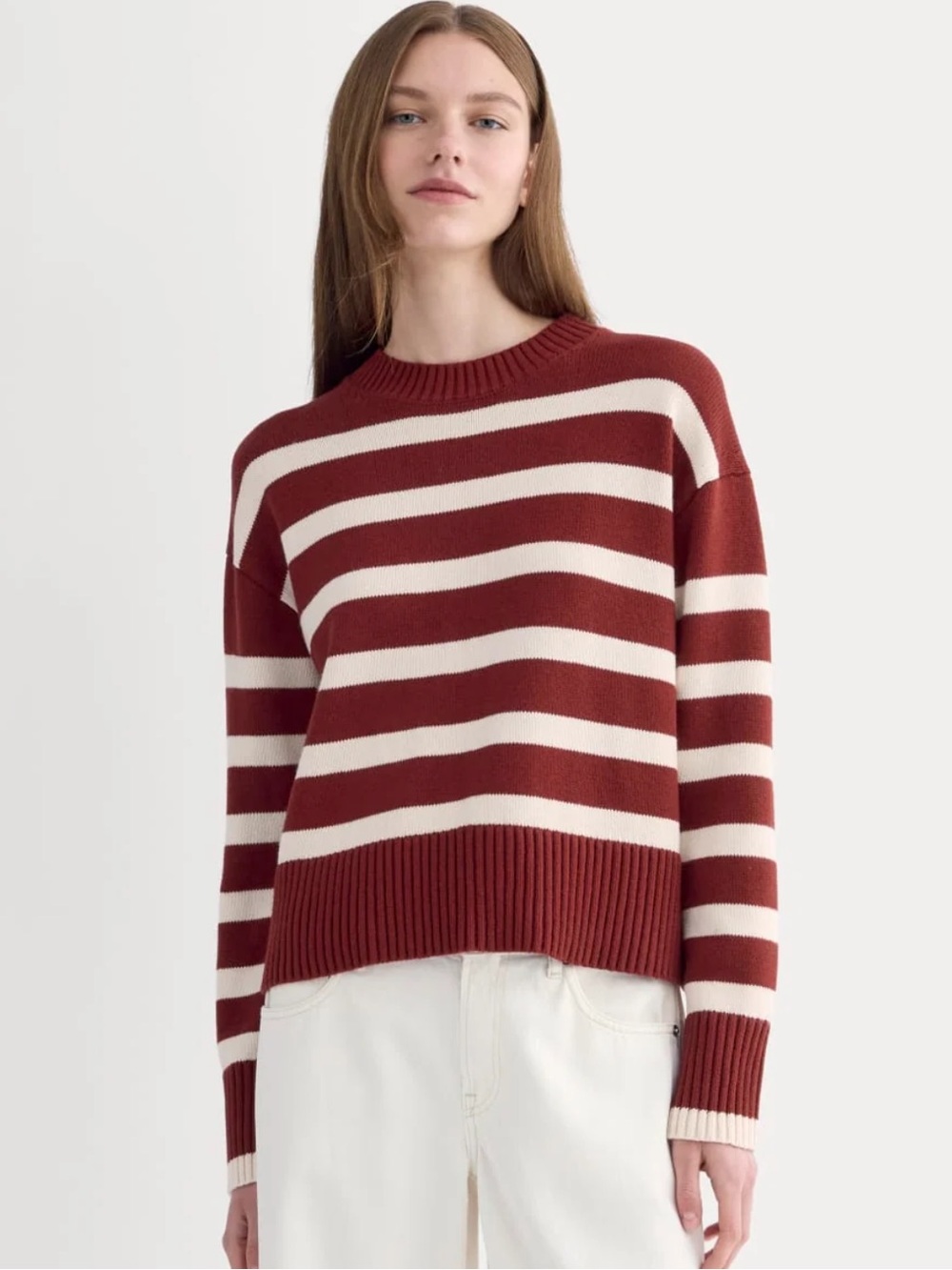 NWT - Everlane Boxy Crewneck Sweater in 100% Organic Cotton - Burgundy & Cream S